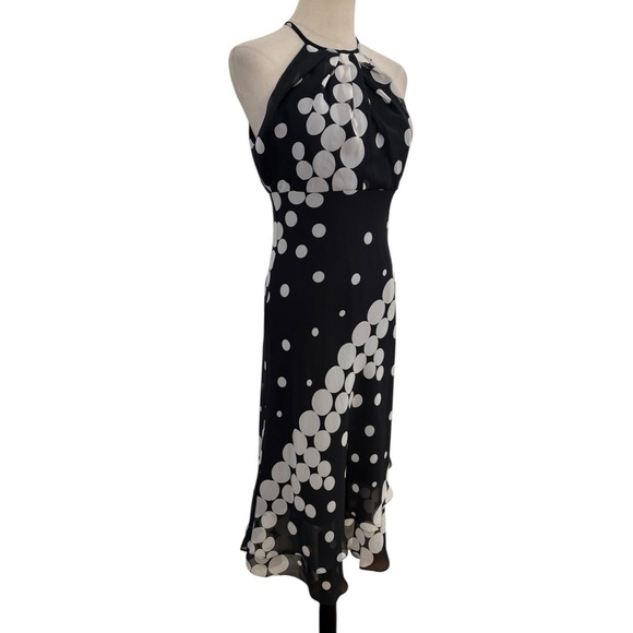 Vtg Y2K Black White Polka Dot Halter Midi Dress Chiffon Preppy Cocktail Sz M - Picture 3 of 6